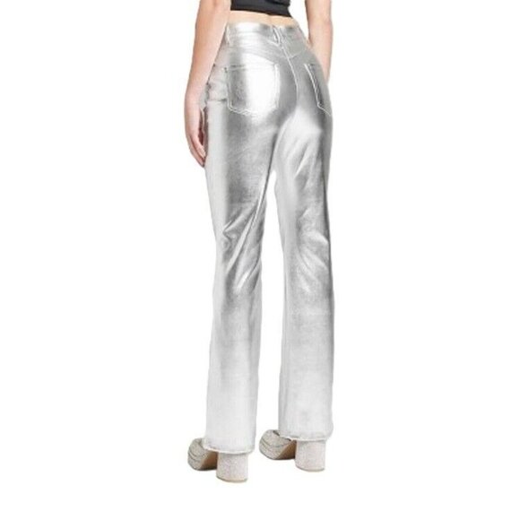 Wild Fable Metallic Silver High Rise Faux Leather Flare Leg Pants - Picture 4 of 8